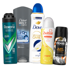Zwitsal deodorant, Axe*,
Dove* of Rexona